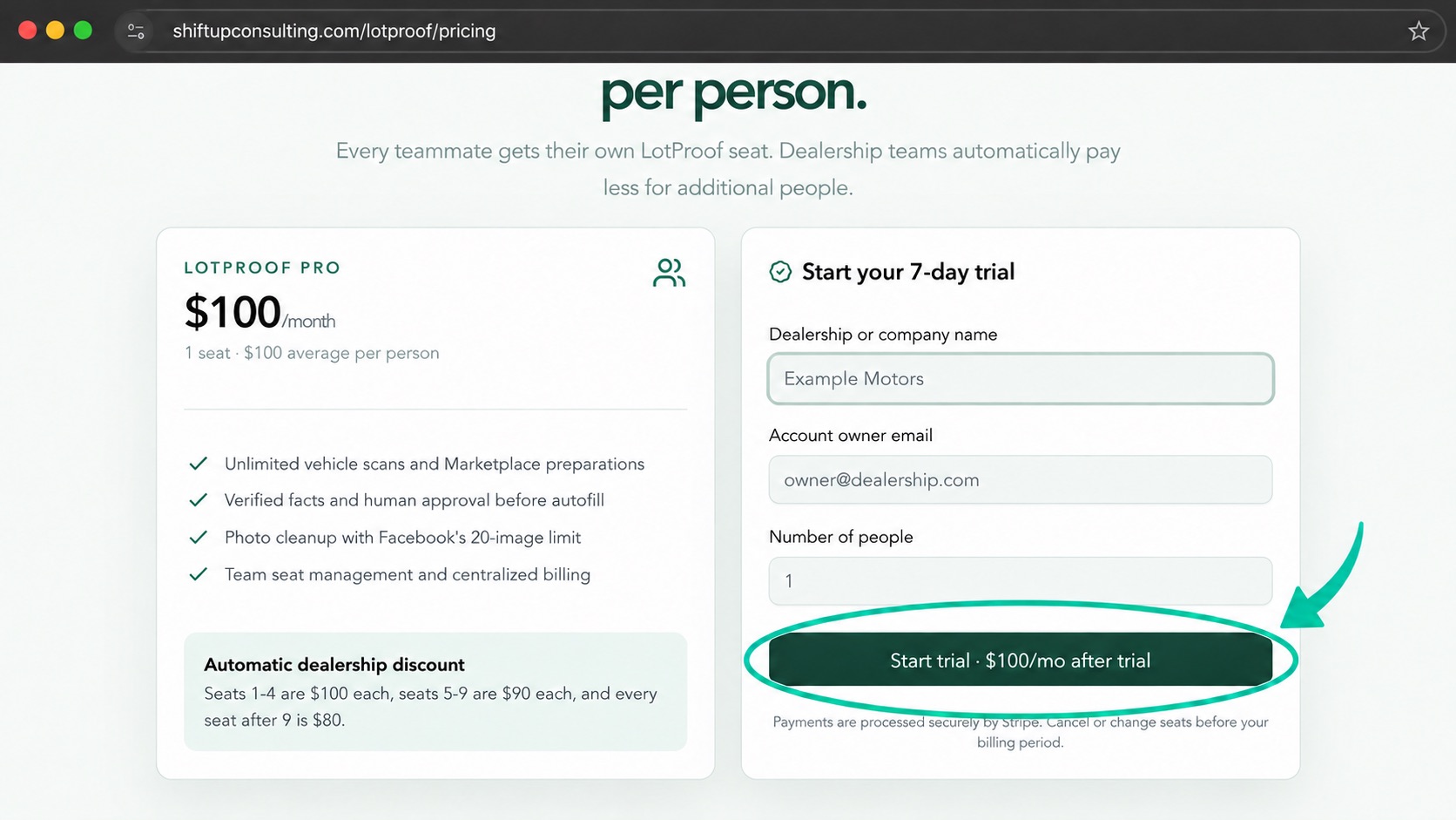 Actual LotProof subscription page with fictional sample details and the trial button highlighted