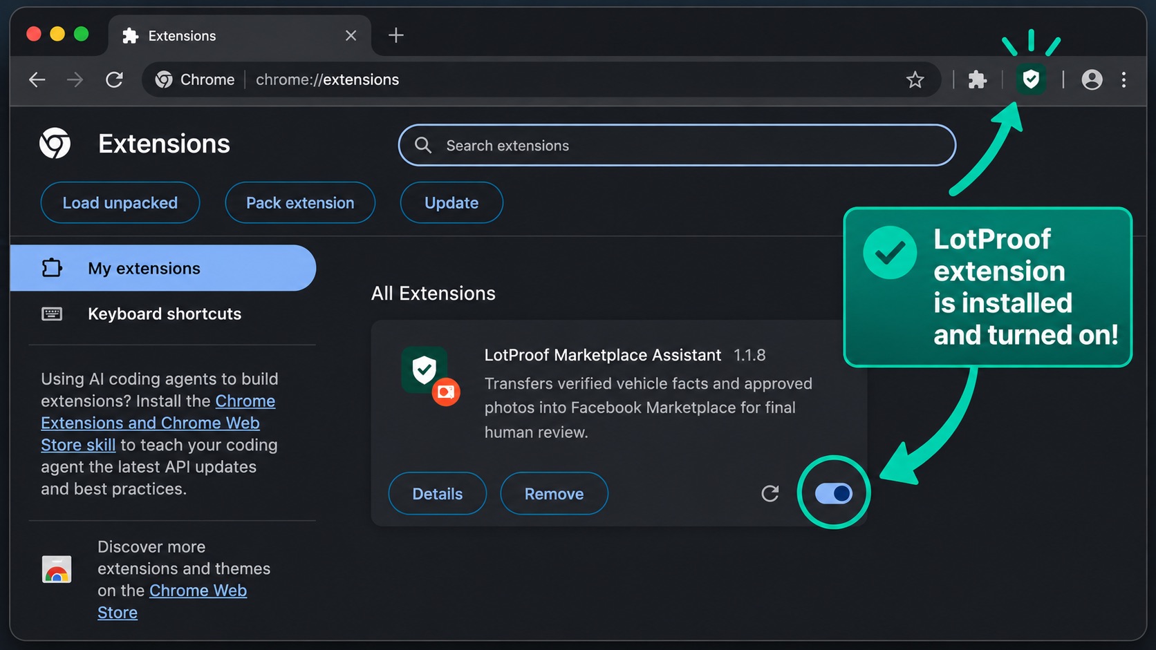 Actual Chrome Extensions screen showing LotProof installed, enabled, and pinned
