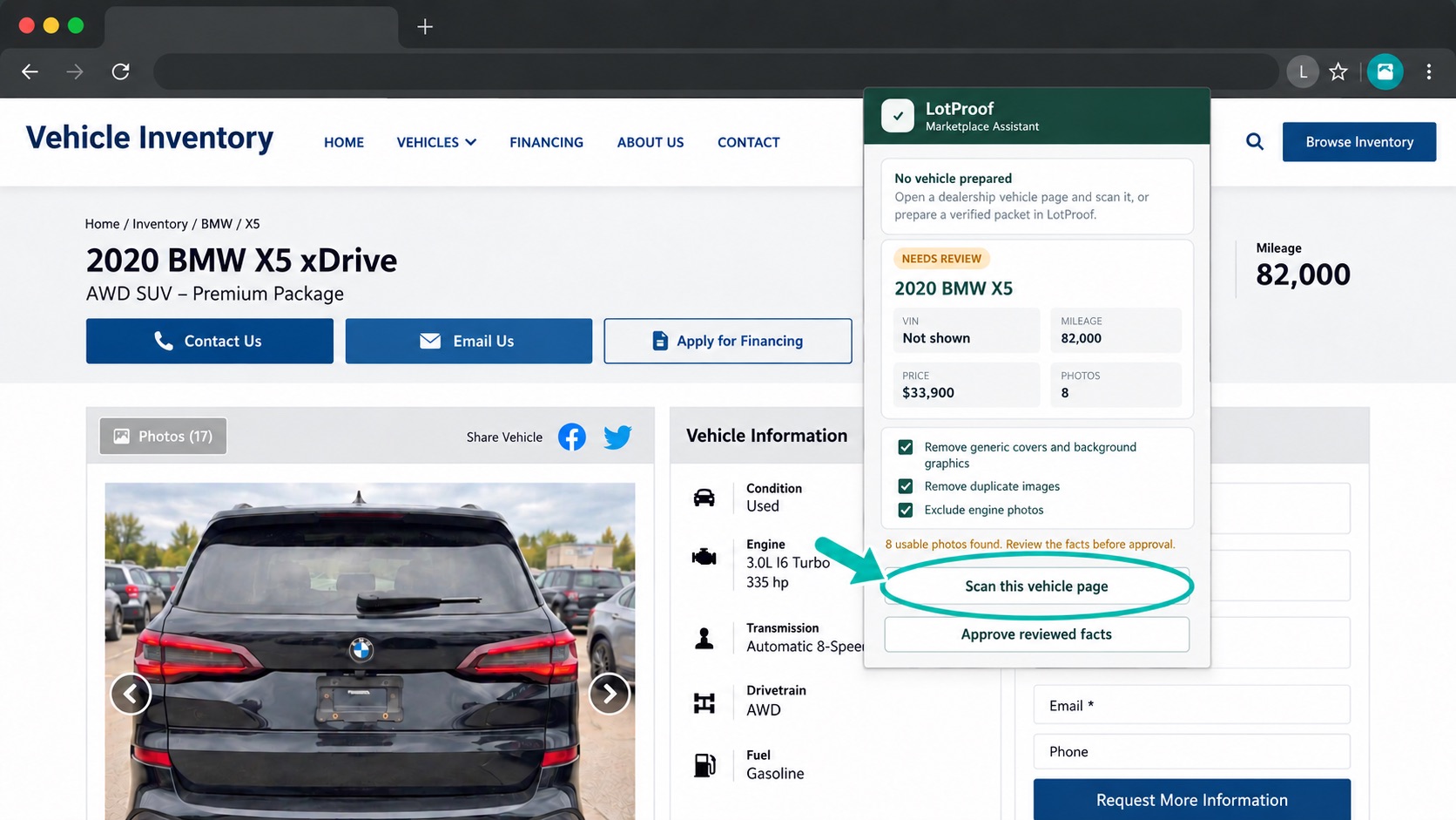 Anonymized real LotProof popup on a vehicle page with Scan this vehicle page highlighted