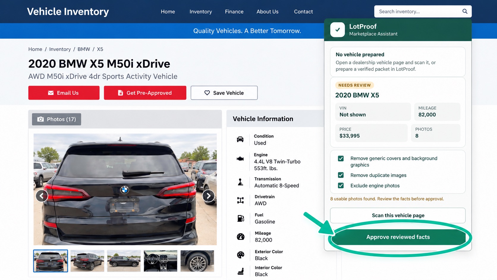 Anonymized real LotProof review screen with Approve reviewed facts highlighted