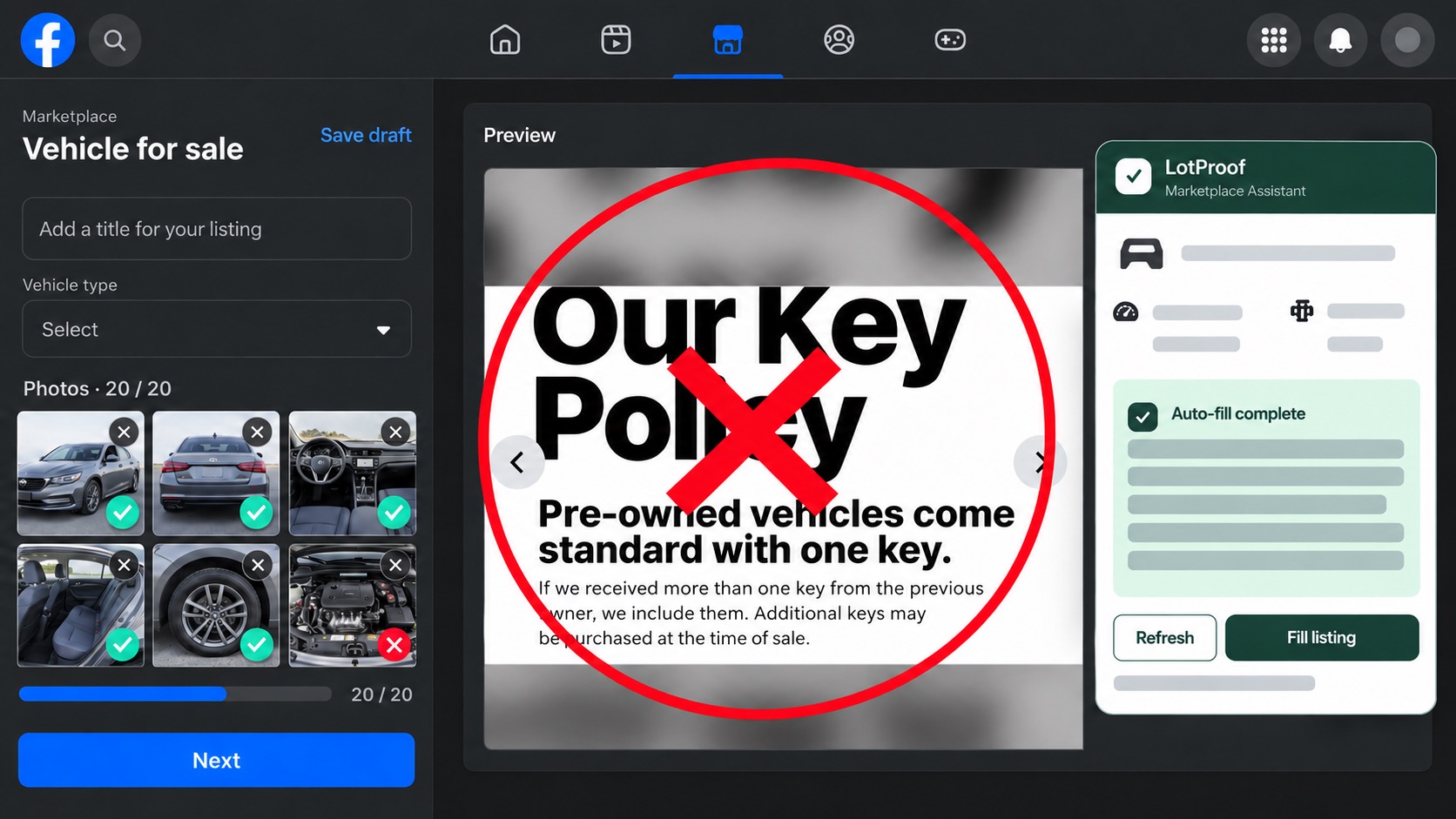 Anonymized real Marketplace photo review showing vehicle photos accepted and text or engine images rejected