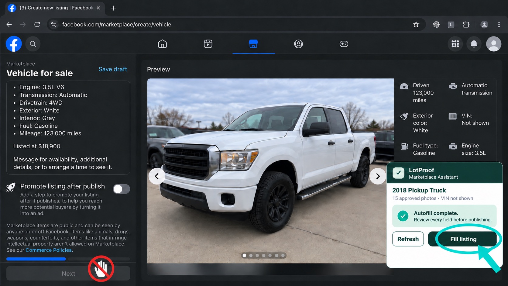 Anonymized real Marketplace form with Fill listing highlighted and the final progression control marked hands-off